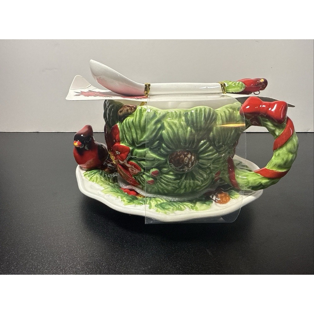 Corner Ruby Teacup Holiday Cardinal Collection 3Pc Saucer & Cardinal Spoon
